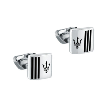 Ανδρικά τετράγωνα μανικετόκουμπα Maserati Ιconic JM422AVD10 σε ασημί-μαύρο χρώμα από ανοξείδωτο ατσάλι με μαύρη τρίαινα.